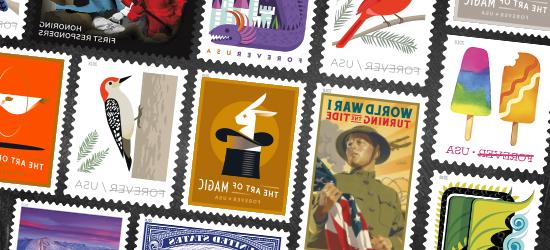 Variety of USPS stamps.